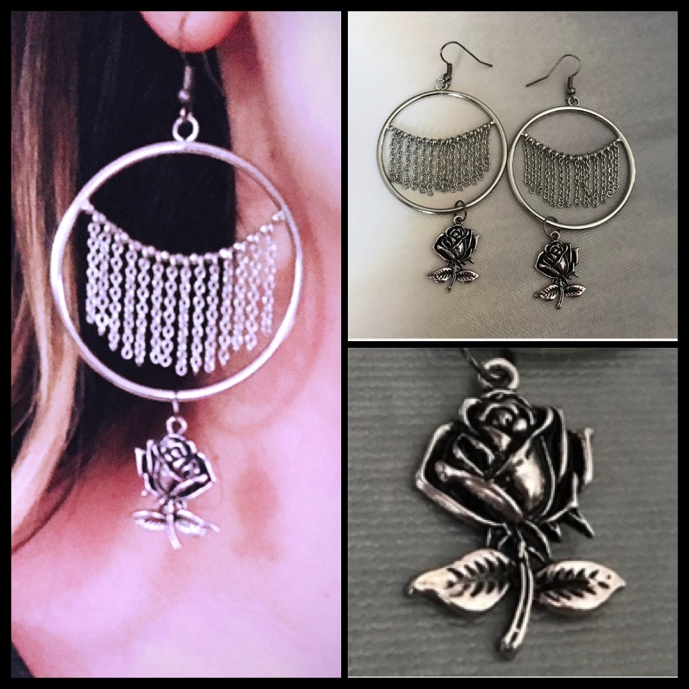 Antique Silver Fringe Rose Hoop Earrings